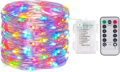 Productafbeelding van LED-lichtsnoer op batterijen - 20 leds - 8 modi - Kleurrijke lichtketting 2 m - Timer - Afstandsbediening - Kamer - Tuin
