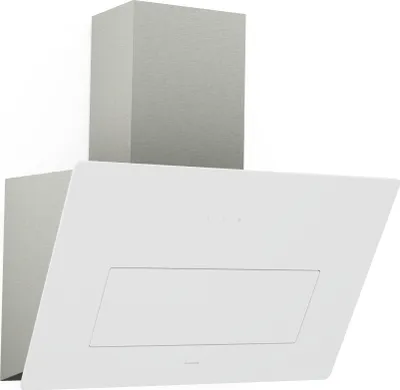 A white and gray range hood is shown against a white background.