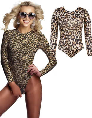 Productafbeelding van Disco-body uit de jaren 70, wild, chique, met luipaardprint, geschikt als carnaval kostuum of voor een avondfeest, maat: 42 - 44 (L), kleur: meerkleurig