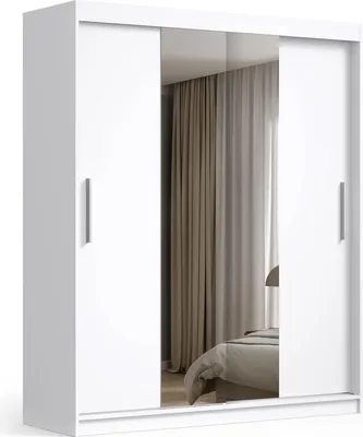 Produktbild von Mobelsta Schwebetürenschrank mit Spiegel 180, Kleiderschrank, Schlafzimmerschrank, Kleiderschränke,Wohnzimmerschrank Weiß mit Spiegel 180x59x215,5 cm