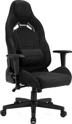 A black gaming chair is shown from a three-quarter angle against a white background.