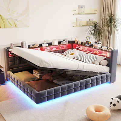 Produktbild von Polsterbett 140x200 cm, Schlafsofa mit LED-Beleuchtung, Steckdose, USB-C-Anschlüssen, Holzregalen, hydraulischem Bettkasten und Lattenrost, Dunkelgrau Samtstoff