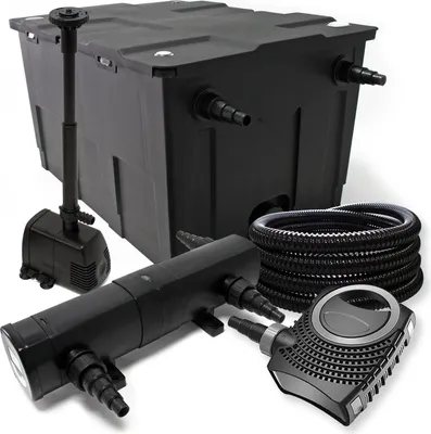 Zdjęcie produktu dla Kompletny zestaw Wiltec: filtr do oczka wodnego CBF-550 do 60000 l, pompa do oczka wodnego NEO10000 10000 l/h 80 W, odstojnik do oczka wodnego CUV-224 24 W, wąż do oczka wodnego 25 m 25 mm, fontanna HJ-943 800 l/h 16 W