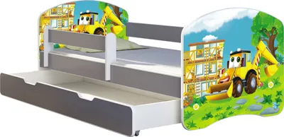 Produktbild von ACMA Jugendbett Kinderbett Junior-Bett Komplett-Set mit Matratze Lattenrost und Rausfallschutz Grau 20 Bagger 140x70 + Bettkasten