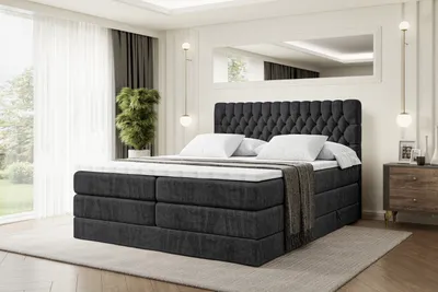 Produktbild von ALTDECOR Boxspringbett mit 2 Matratzen und Topper - 180x200 cm - SERENE KING - Schwarz Samt - Polsterbett mit, H3- und H4- Matratzen, Bettkasten und Lattenrost, Bett mit Stauraum