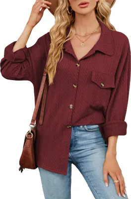 Image de ASKSA Chemise Femme Manches Longues Mousseline Unie Revers Boutons Chemise Élégante Casual Décontractée Chemise avec Poches (Bordeaux,XXL)
