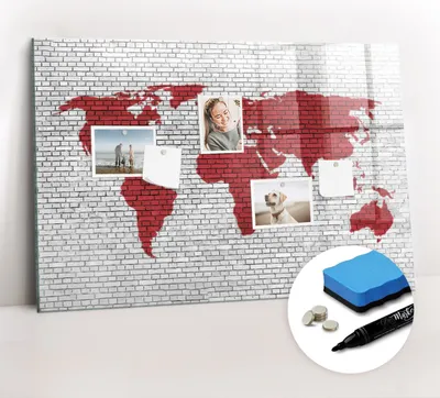 Produktbild von Magnetpinnwand Memoboard - Zubehörsatz - Schwarzer Marker + Schwamm + Magnete - 90 x 60 cm - Weltkarte aus Backsteinmauern