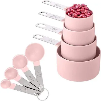Produktbild von Famanu Messbecher Set 8-teilig mit Griff, Messlöffel und Umrechnungstabelle für Kochen und Backen
