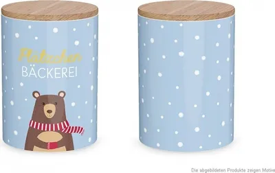 Produktbild von La Vida Vorratsdose Plätzchen Bäckerei Bär Porzellan mit Bambusdeckel hellblau natur 11x16cm