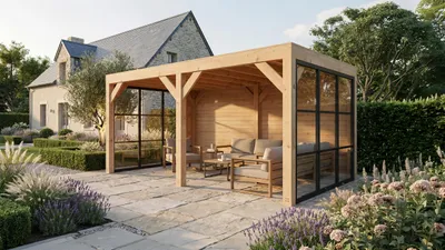 Productafbeelding van weka Tuinoverkapping Lumley, 499x307 cm, met 2 wanden, 2 glaselementen, in natuurlijke staat, AI-gegenereerde afbeelding