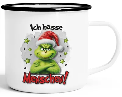 Produktbild von Emaille-Tasse Grinch Geschenk für Weihnachtsmuffel Ich hasse Menschen Emaillebecher Weihnachtstasse lustig Moonworks® Ich hasse Menschen emaille-weiß-schwarz standard