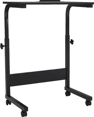 A black adjustable height rolling computer desk on a white background.