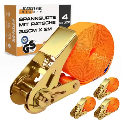 Obrázok produktu pre Popruhy na upevnenie, dĺžka 2 m, nosnosť 1000 kg, s račňovým zámkom, šírka 25 mm, farba: oranžová, 4 kusy