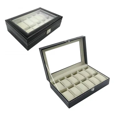 Produktbild von Uhrenbox Uhrenkoffer mit großem Glasdeckel für 12 Uhren - Uhrenschatulle mit abnehmbaren Uhrenkissen, Kunstleder Organizer Schwarz
