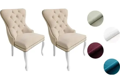 Produktbild von Chesterfield Stuhl MADAME 2 (2 Stück) – eleganter Polsterstuhl im Glamour-Stil, Samt Beige, Holzbeine in Weiß, Komfortsitz