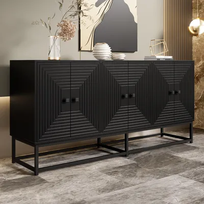 Immagine prodotto di Credenza moderna Merax nera con superficie opaca, mobile contenitore con 3 ante doppie, cassettiera con ampio spazio, gambe nere