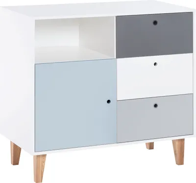 Produktbild von Jugendzimmer - Kommode Syrina 03, Farbe: Weiß / Grau / Blau - Abmessungen: 97 x 104 x 55 cm (H x B x T)