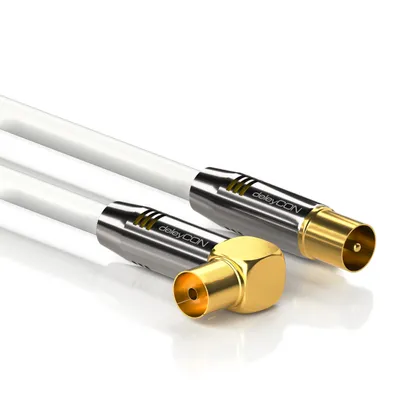 Produktbild von deleyCON 3m TV Antennenkabel HDTV Full HD - 1x gewinkelt - Koaxialkabel - TV-Stecker (gerade) zu TV-Buchse (90° Grad) - Metallstecker - Weiß