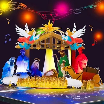 Produktbild von 3D Pop-up Weihnachtskarte mit Musik und Licht - Religöse Geburtsszene