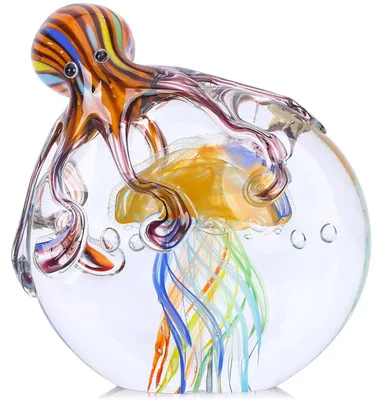 Glas-Oktopus-Quallen-Skulptur, handgeblasen, Orange, 1 Stück