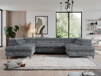 Produktbild von U-form Couch, Schlaffunktion, Ecksofa mit verstellbare Kopfstützen, Bettkasten - PEDRO U - Cord - Dunkelgrau