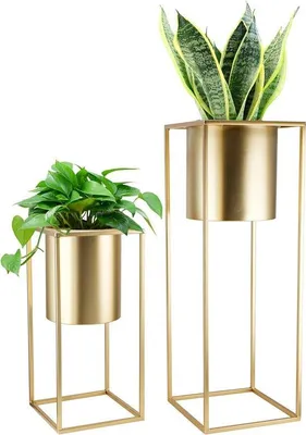 Image de Lot de 2 pots de fleurs dorés avec support - 28 et 18 pouces de haut - pour l'intérieur et l'extérieur