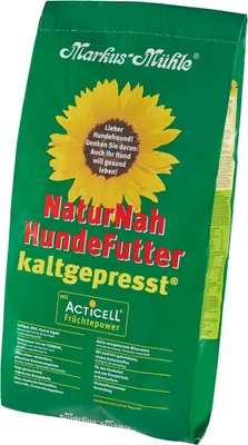 A bag of dog food with a sunflower graphic.