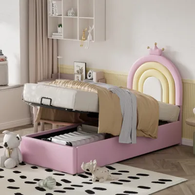 Produktbild von Kinderbett,Polsterbett Hydraulikbett,mit Lattenrost und Kopfteil, Jugendbett, Einfache Montage, höhenverstellbares Kopfteil 90*200