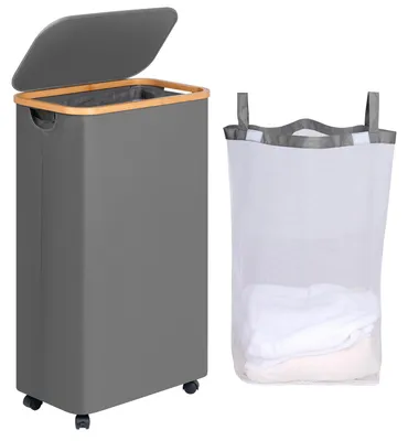 Imagen del producto de Cesta de ropa con ruedas, 75 litros, gris, plegable