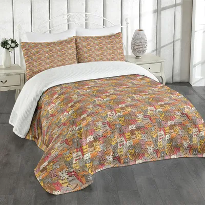 Immagine prodotto di Set copriletto ABAKUHAUS Gatto, motivo psichedelico colorato con divertenti gattini astratti, mascotte vintage, bizzarro fumetto, 220 x 220 cm, multicolore