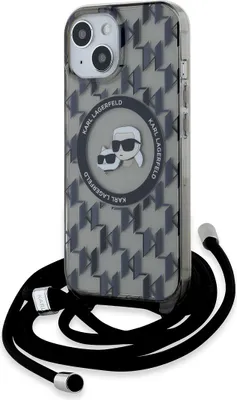 A Karl Lagerfeld iPhone case with a crossbody strap is shown against a white background.