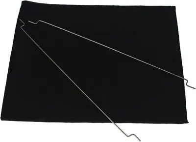 A black filter with two silver metal rods on a white background.