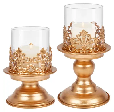 2er-Set Goldene Hurricane-Kerzenhalter mit Glaszylinder