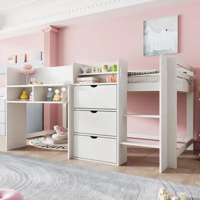 A white loft bed with integrated desk and storage shelves in a pink room.