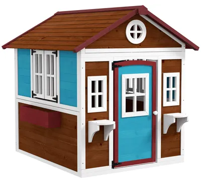 Produktbild von Kinderspielhaus, Holz-Spielhaus für Kinder, Outdoor-Gartenspielhaus mit Fenstern, Blumentöpfe, 3-8 Jahre, Blau