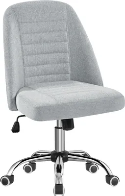 A gray fabric office chair with a chrome base and wheels.