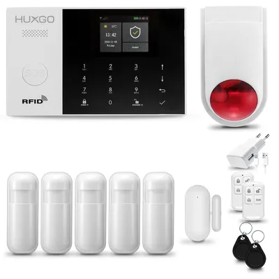 Produktbild von HUXGO HXA005 Kabellose Alarmsystem WiFi + GSM 4G mit Funk Sirene, Alarmanlage Haus mit 5x PIR-Bewegungsmelder, 1x Tür- Fenstersensoren, Tuya App