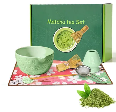 Matcha-Set 7-teilig, Keramik, Bambusbesen, grün