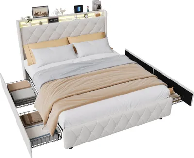 Image de Lit Moonbite avec rangement, dimensions 160x200 cm, tissu en flanelle beige, 4 tiroirs, ports USB et Type-C, éclairage LED intégré et tables de chevet intégrées