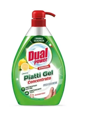 A bottle of Dual Power dish soap with a pump dispenser.