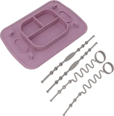 Produktbild von Silikon-Tischset mit Saugnapf und 4 Spielzeugbändern, spülmaschinenfest, geteilter Teller für Babys, Kleinkinder, Kinder, Lila