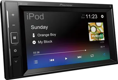 A Pioneer DMH-A240BT Autoradio is displayed on a black background, showing its screen with music playback information.