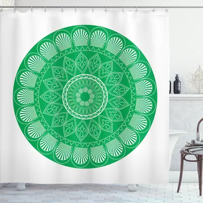 Produktbild von ABAKUHAUS grüne Mandala Duschvorhang, Orientalische Blumen-Motiv mit Doodle Blütenblättern und Laub Tribal Illustration, 175 x 180 cm, Grün und Weiß