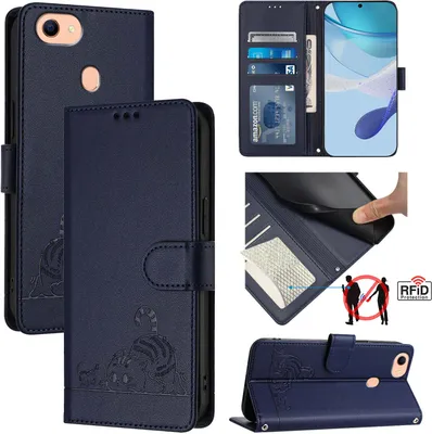 Produktbild von Leder Hülle für Oppo F17 Süße Katze Flip Case Brieftasche Schutzhülle mit Standfunktion Blau