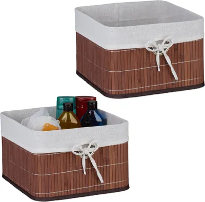 Zdjęcie produktu dla Zestaw 2 koszy do przechowywania Relaxdays, bambus, wkładka z tkaniny, wymiary: 20x31x31 cm, koszyczek z otworem na rękę, kosz na półkę, brązowo-biały