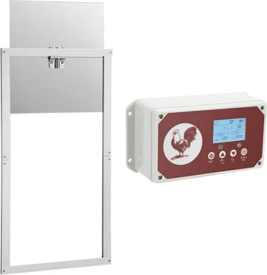 Immagine prodotto di Jopassy chicken flap, flap automatico per polli, con sensore di luce, timer, display LCD e telecomando, IP44, in alluminio, funzionamento a batteria e adattatore, 30x30cm