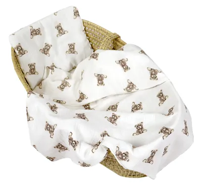 Produktbild von BabyLux Musselin Decke 75 x 100 cm + Kissen für Kinderwagen Wiege Babybett KD6 - Bären