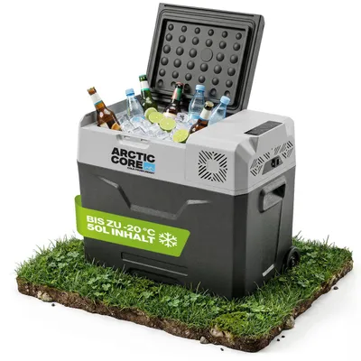 Produktbild von Belko® ArcticCore Kompressor Kühlbox 50L – elektrische Kühl- & Gefrierbox – 12/24V & 100–240V – große tragbare Camping Kühltruhe – grau