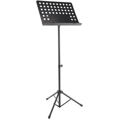 A black metal music stand with a tripod base, shown against a white background.
