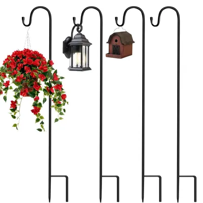 Image de Lot de 4 crochets de jardin en métal, d'une longueur de 90 cm, pour poteaux de lampadaires, poteaux de jardin, crochets en arc de berger avec supports pour cages à oiseaux, éclairage solaire, lanternes, décorations de mariage et paniers à fleurs.